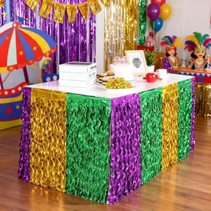 Carnival tinsel table skirt purple green gold metallic fringe for Mardi Gras party decor