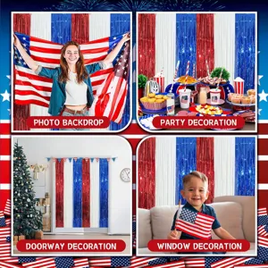 Detailed scene of red white and blue tinsel fringe curtain for party photo backdrop setup.