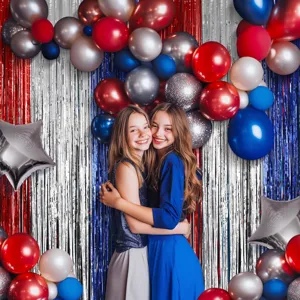 Red silver blue tinsel fringe curtain backdrop for American Independence Day party decor