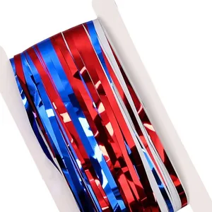 Red blue silver metallic tinsel fringe curtain backdrop for patriotic party celebration decor