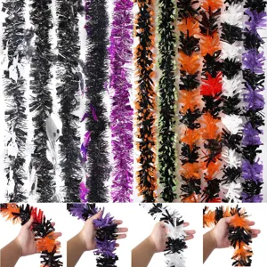 Ghirlanda Tinsel Halloween Nero Arancione Viola Serpentina Foglia Metallica Con Ornamenti Pipistrello Fantasma Per Festa