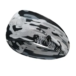 Vista dettagliata della fascia sportiva mimetica grigia nera, tessuto in seta di ghiaccio.