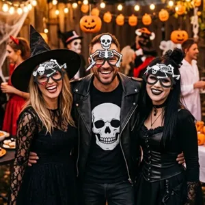 Halloween Skelett Brille Detail mit gruseligem Knochenrahmen und blutigem Party Requisiten Design.