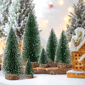 Juego de arboles de Navidad en miniatura flocados de nieve con bases de madera para decoracion.