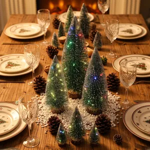 Pequeños árboles de Navidad escharchados con LED y luces brillantes, decoración de mesa festiva.