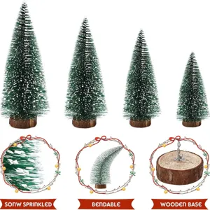 Juego de mini árboles de navidad nevados con ramas flexibles y base de madera.