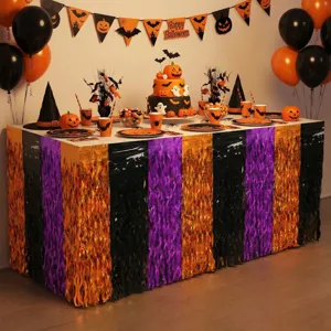 Halloween tinsel table skirt black purple orange fringe party table decoration detail view