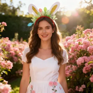 Detailansicht des niedlichen Osterhasen-Haarreifs mit buntem festlichen Osterei-Dekor.