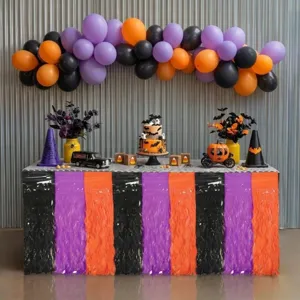 Halloween tinsel fringe table skirt black purple orange wave foil table cover party decor