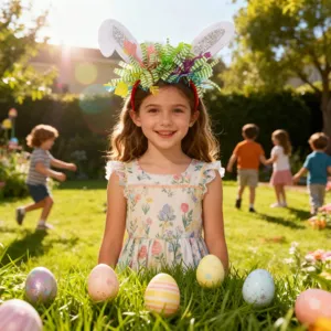 Oster-Hasenohren-Haarreif für Kinder mit bunten Lametta- und Paillettendetails für Frühlingspartys.
