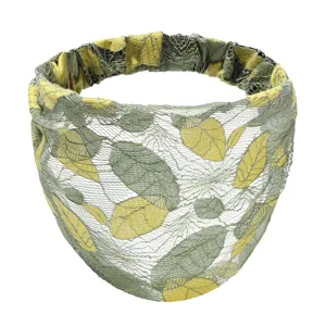 Fascia per capelli larga in pizzo da donna con motivo a foglie verdi e gialle elastico elegante.