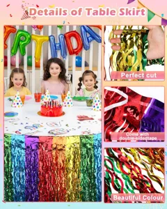 Rainbow foil fringe table skirt, colorful tinsel metallic table skirting for party decor.