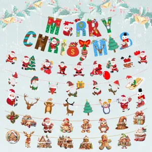 Cartoon Weihnachten Papier Banner Girlande Merry Christmas Buchstabe Weihnachtsmann Rentier Lebkuchenmann Party Hängende Dekoration