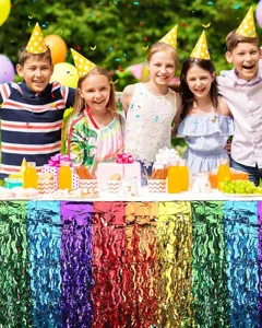 Rainbow tinsel fringe table skirt, metallic foil party table decoration for celebrations.
