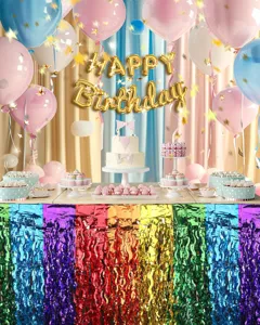 Rainbow fringe table skirt for party decorations, colorful metallic tinsel table cover for birthday.