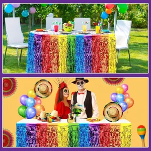Colorful rainbow foil fringe table skirt for Cinco de Mayo Mexican party decor events.