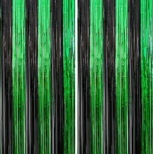 Green Black Bicolor Patchwork Fringe Curtain Metallic Foil Tinsel Background Backdrop For Halloween Birthday Party Decor