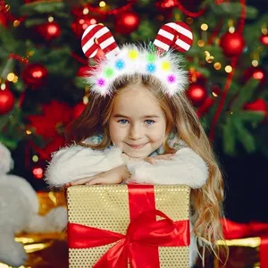 Christmas flashing LED headband with fluffy feather and candy cane for holiday party decor.