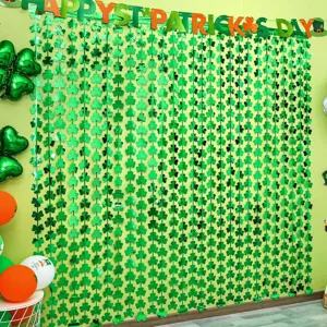 St Patrick's Day green shamrock tinsel curtain party decoration fringe backdrop for event.