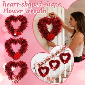 Roter herzförmiger Lametta-Kranz zum Aufhängen für Valentinstag Hochzeit Party Dekoration