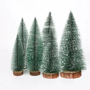 Mini Weihnachtsbaum Set, beflockte Kunst-Tannenbäume mit Holzsockel für Tischdeko.