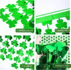 Green shamrock fringe curtain details, adhesive strip and perfect cut foil tassel.