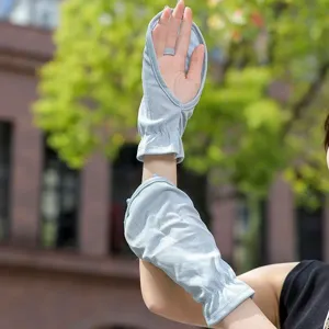 Light blue mesh sun protection sleeves detail view, breathable fingerless outdoor arm covers.