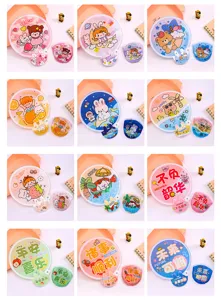Cute cartoon folding fan set with portable pouch, mini round fabric fan for students summer.