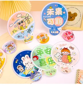 Cute cartoon folding fan portable mini pocket round fabric fan for students wholesale