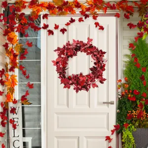 Metallic Red Maple Leaf Wreath Thanksgiving Door Hanging Autumn Party Decoration DIY Garland