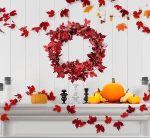 Red Metallic Maple Leaf Wreath Garland Thanksgiving Fall Party Home Door Wall Decoration