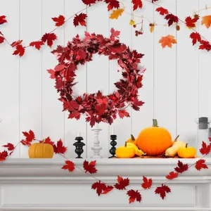 Red metallic maple leaf wreath and garland set for Thanksgiving autumn party home holiday wall decor