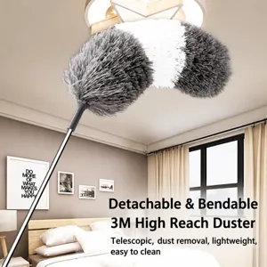 Extendable microfiber duster for high cleaning, cleaning ceiling light with long pole.