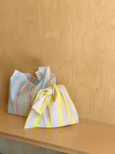 Mini foldable striped shopping bag, waterproof eco tote portable casual handbag for daily use.