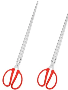 Long stainless steel eel catcher and lobster clamp with red handles for fishing and cleaning.