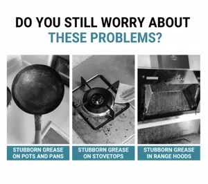 Kitchen cleaning scenario showing heavy grease and stubborn dirt on stove and pans.