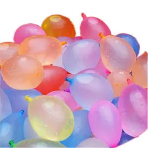 Close-up detail of colorful water balloons filled with water, vibrant translucent colors.