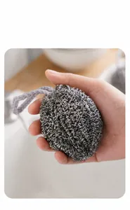 Stainless steel wire dishwashing sponge scrubber with lanyard for kitchen cleaning