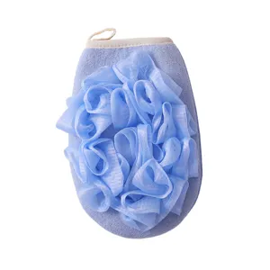 Blue exfoliating bath sponge and shower glove combo for body cleaning, white background main image.