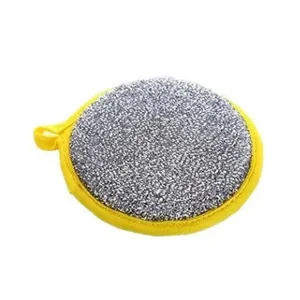 Round double-sided cleaning sponge with yellow border and hanging loop, detailed scrubbing view.