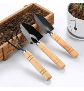 Garden tool set including three pieces of small metal shovels and rakes with wooden handles.