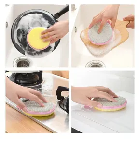 Double-sided cleaning sponge for kitchen, non-scratch dishwashing scrub pad for pots.