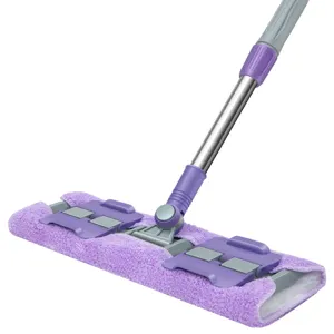Adjustable flat mop with microfiber cloth, purple cleaning tool for home floors tiles.
