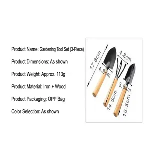 Detail view of 3-piece gardening tool set with dimensions for indoor plants