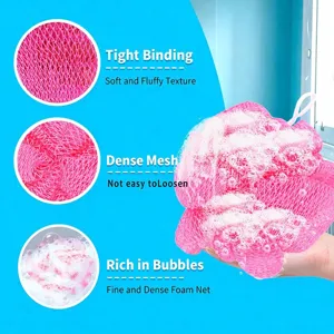 Esponja de bano de nylon rosa exfoliante corporal malla suave puf para espuma rica ducha