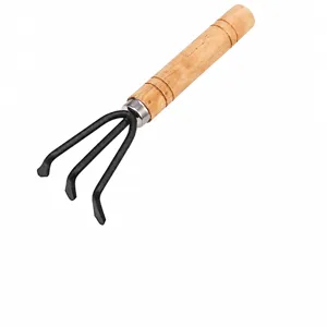 Garden hand rake with wooden handle and metal three tines for soil loosening and weeding.