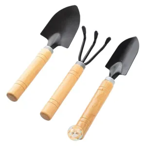 Mini gardening tool set with two shovels and a rake, wood handle metal head for indoor plants.