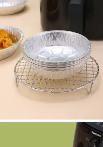 Round thickened disposable aluminum foil pans for air fryer, perfect for baking and oil absorption.