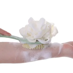 Long handled bath brush with soft bristles and mesh sponge for comfortable body shower cleaning.