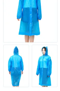 Impermeabile lungo blu in EVA con cappuccio, indumento antipioggia riutilizzabile per adulti.